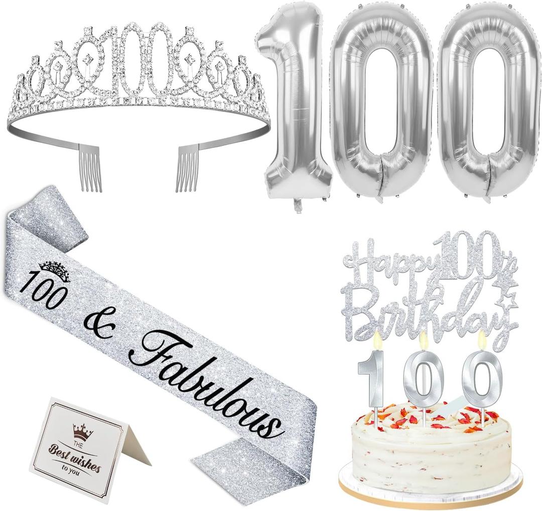 100th Birthday Decorations for Women Silver with 100th Birthday Sash and Tiara, Cake Topper and Candles, Silver Number Balloons, 100 Year Old Gifts for Women