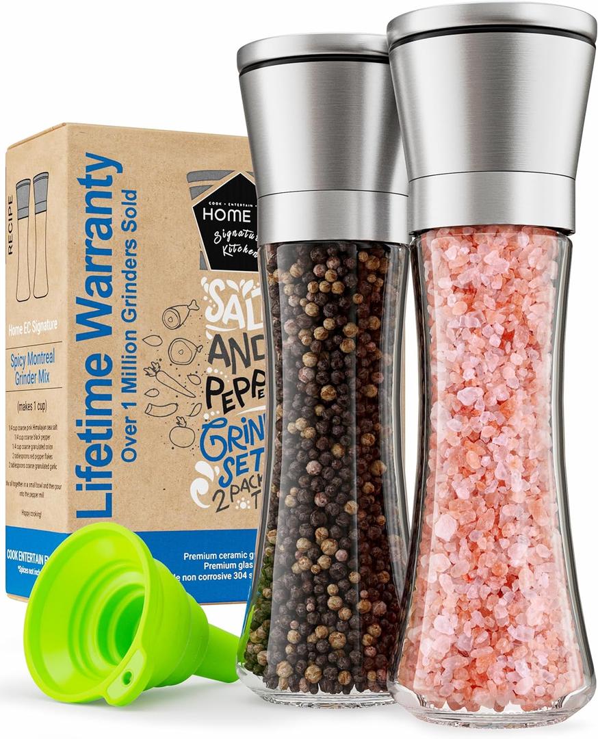 Home EC Premium Stainless Steel Sea Salt and Pepper Grinder Set of 2 - Adjustable Ceramic - Tall Glass Salt and Pepper Shakers - Kitchen Spice Mill W/Funnel & EBook, Clear Glass, 2pk