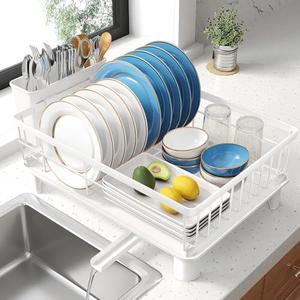 Dish Drying Rack - Small Dish Rack for Kitchen Counter, Stainless Steel Dish Drainer with Utensil Holder and Drainboard (White)