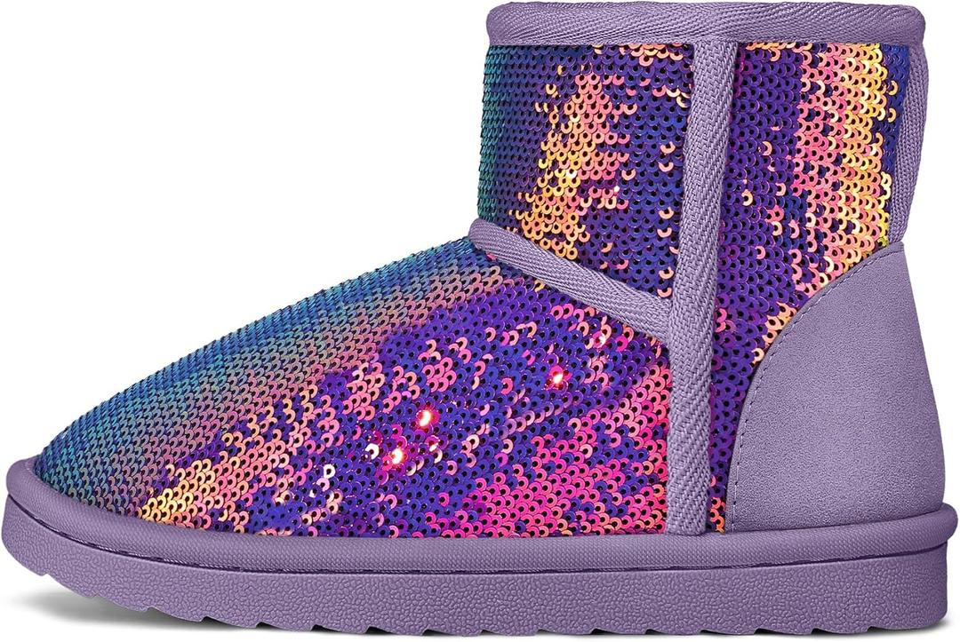 K KomForme Girls Winter Boots Sparkle Sequins Warm Snow Shoes Fur Lined Lightweight Comfy (Toddler/Little Kids/Big Kids) (Purple)