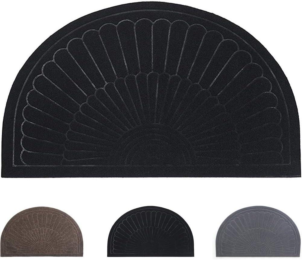 Rubber Doormat Indoor Outdoor Half Round Front Door Mat, Low Profile Welcome Mat with Non Slip Backing Absorbent Shoe Scraper Floor Mat Entry Rug, 18" X 30" (Black)