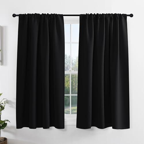 PONY DANCE Kitchen Window Curtains Over Sink, Short Blackout Bathroom Window Curtains, Thermal Insulated Rod Pocket Home Decor Drapes for Bedroom Small Window(2 Panels Set, Black, 42" W x 45" L)