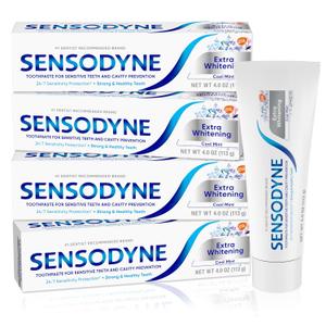 Sensodyne Extra Whitening Sensitive Teeth and Cavity Prevention Whitening Toothpaste, Cool Mint, 4 Ounces (Pack of 4)