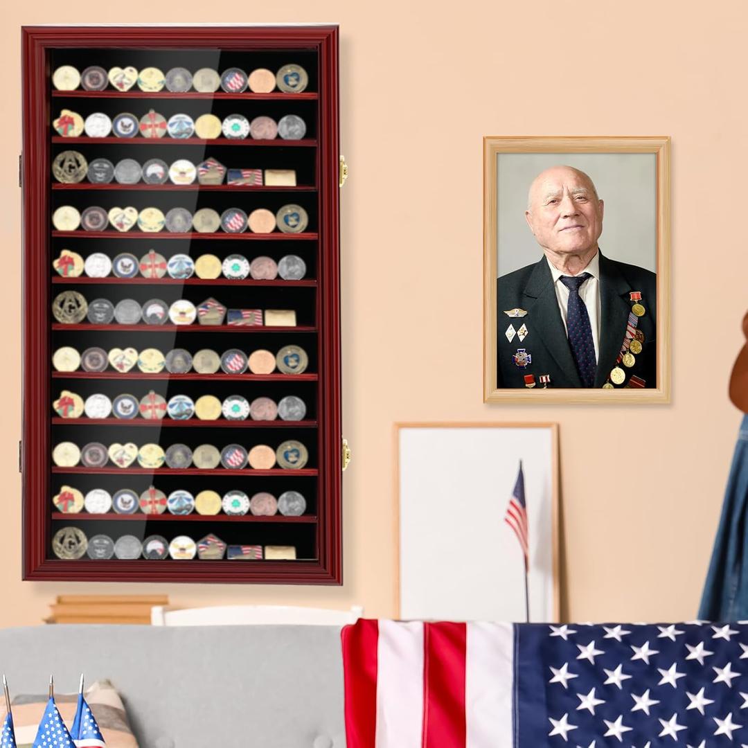 Silipull Military Challenge Coin Display Case Wood Medal Wall Mount Lockable Cabinet Rack Holder Shadow Box for Casino Poker Chips Souvenirs