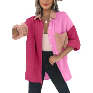 Dokotoo Womens Color Block Button Down Shirts Long Sleeve Oversized Boyfriend Blouses Tops (Large, 2 Rose)