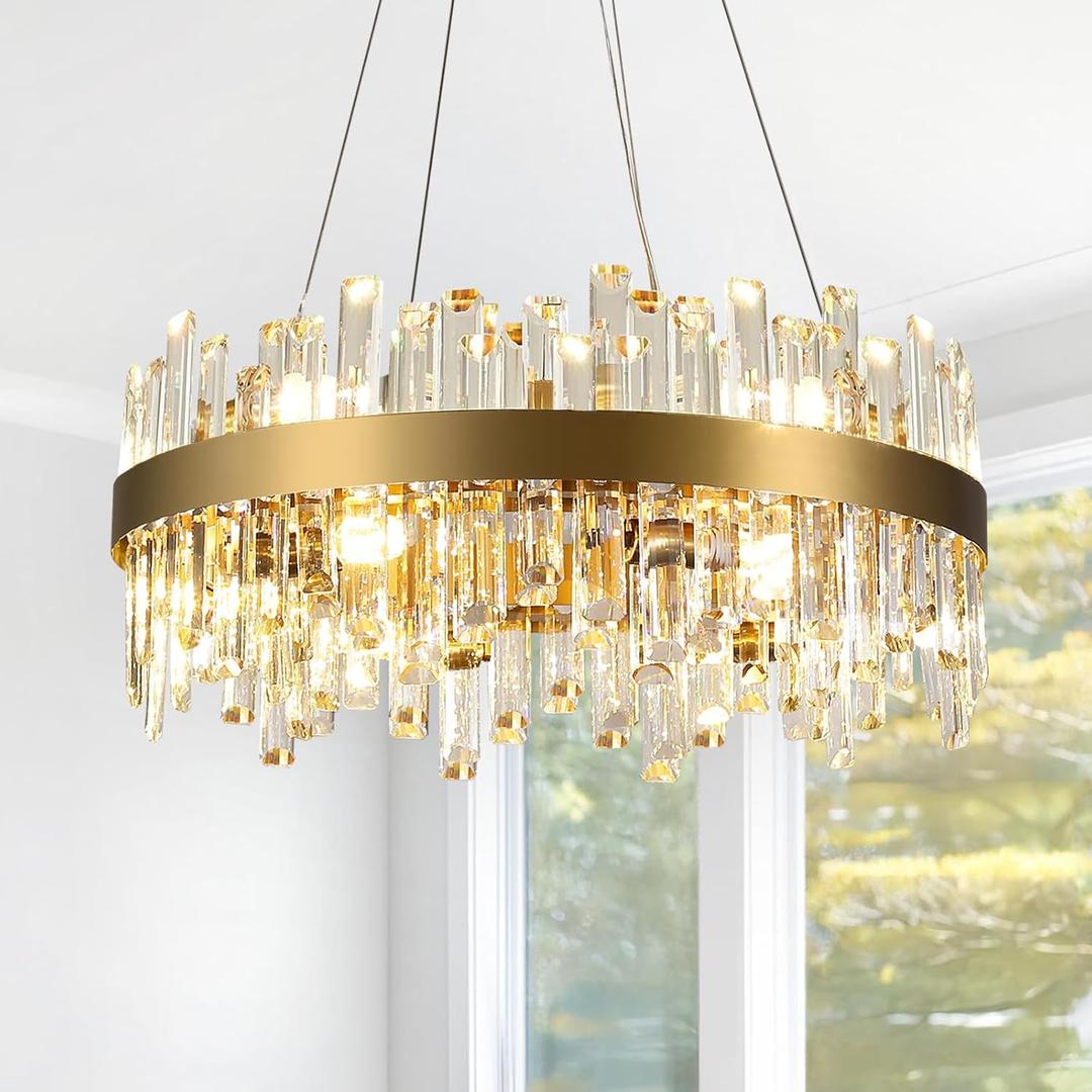 Luxury Modern Crystal Chandelier, D23.6'' Dining Room Chandelier Over Table, 12 Lights Rectangle Oval Flush Mount Pendant Light Gold Dining Room Light Fixture, for Kitchen Island & Living Room