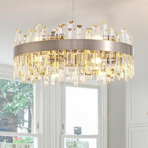 Siljoy Modern Crystal Chandelier 12-Light Brushed Nickel Luxury 2-Tiers K9 Crystal Raindrop Chandelier Dimmable Crystal Ceiling Light for Dining Living Room Kitchen Entryway Foyer D23.6''