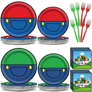 Super Brother Birthday Party Supplies Super Brother Plates Disposable Paper Tableware Super Bro Plates Napkins with Fork Super Bro Decoration Super Video Games Tableware for Kids Baby Shower