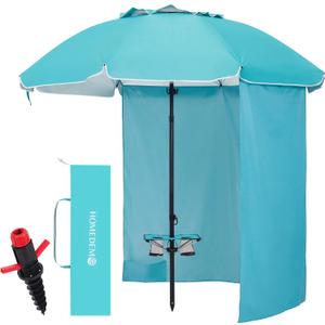 HOMEDEMO 7FT Beach Umbrella with Table & Anchor, Heavy Duty Windproof with UPF 50+ Sun Protection, Outdoor Umbrellas with Adjustable Aluminum Pole