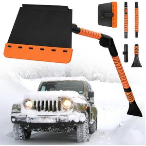 [Upgrade] 56" Large Ice Scrapers for Car Windshield, 90 Pivoting Snow Board, Snow Scraper with De-Icing Shovel, Extendable Length Settings, 180 Bendable Silicone Grip for for Truck, SUV, Auto (Orange-Black)