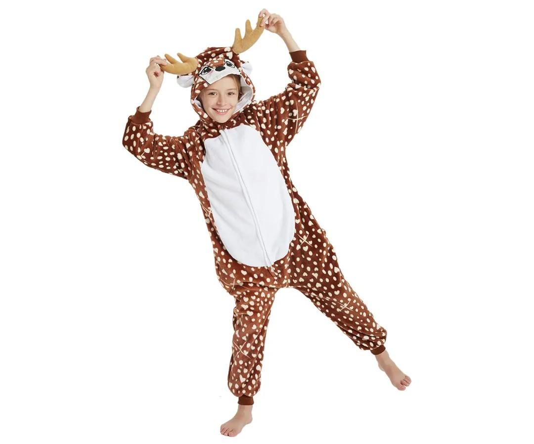 Kid Reindeer Onesie Pajamas Deer Halloween Costume Boy Girl Animal Onepiece (A - Dot deer, 12-14Years)