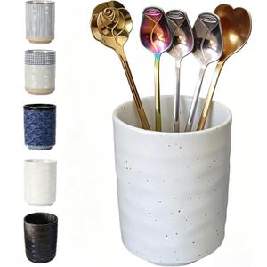 TOPYOKK Stoneware Coffee Bar Utensil Holder Tea & Coffee Spoon & Stirrer Holder for Stir Stick Straw Teaspoon Holder Spoon Cup Small Utensil Jar (Spotted White)