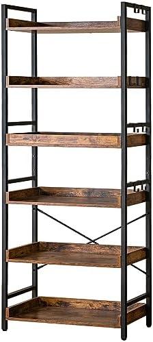 HCHQHS Adjustable 6 Tier Open Bookcase, Rustic Farmhouse Book Shelves, Industrial Wood and Black Metal Bookshelves, Mid Century Bookcase for Home Office Living Room Bedroom