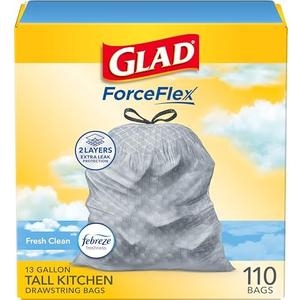 Glad Tall Kitchen Drawstring Bags - Odor shield 13 Gallon White Bag, Febreze Fresh Clean, 140 Count