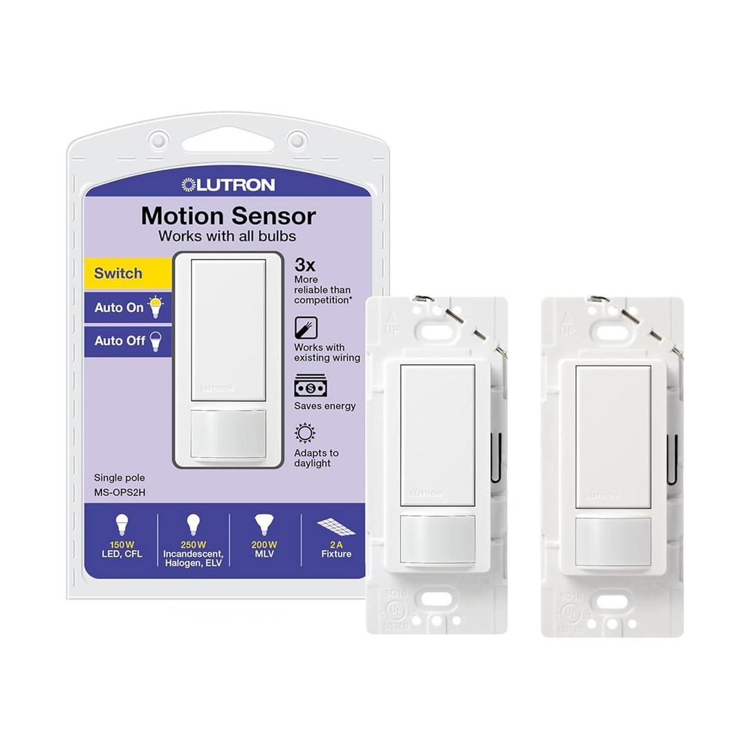 Lutron Maestro Motion Sensor Light Switch, for Bathroom, Garage, Laundry Room, and Closet, for Any Bulbs, Occupancy and Vacancy Sensor, Single-Pole Only, No Neutral Req, MS-OPS2H-2-WH, White (2 Pack)