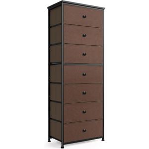 Mifuro Tall Fabric Dresser for Bedroom, Vertical Storage Organizer Tower with 7 Drawers, Chest of Drawers with Bins, Steel Frame, Wood Top for Bedroom, Closet, Entryway Grey