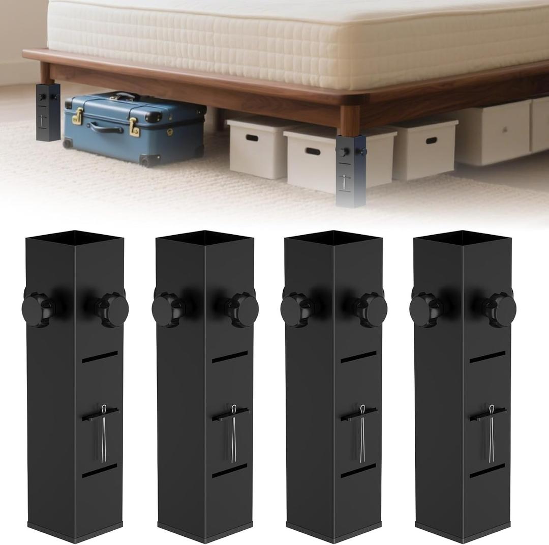 Heavy Duty Dorm Bed Risers Extenders, Increase Under-Bed Storage Space, Fits Bed Legs 1.5" to 2.2" Diameter, Thickened Steel for Extra Stability, 3-Level Adjustable Height, Black, 4-Piece.