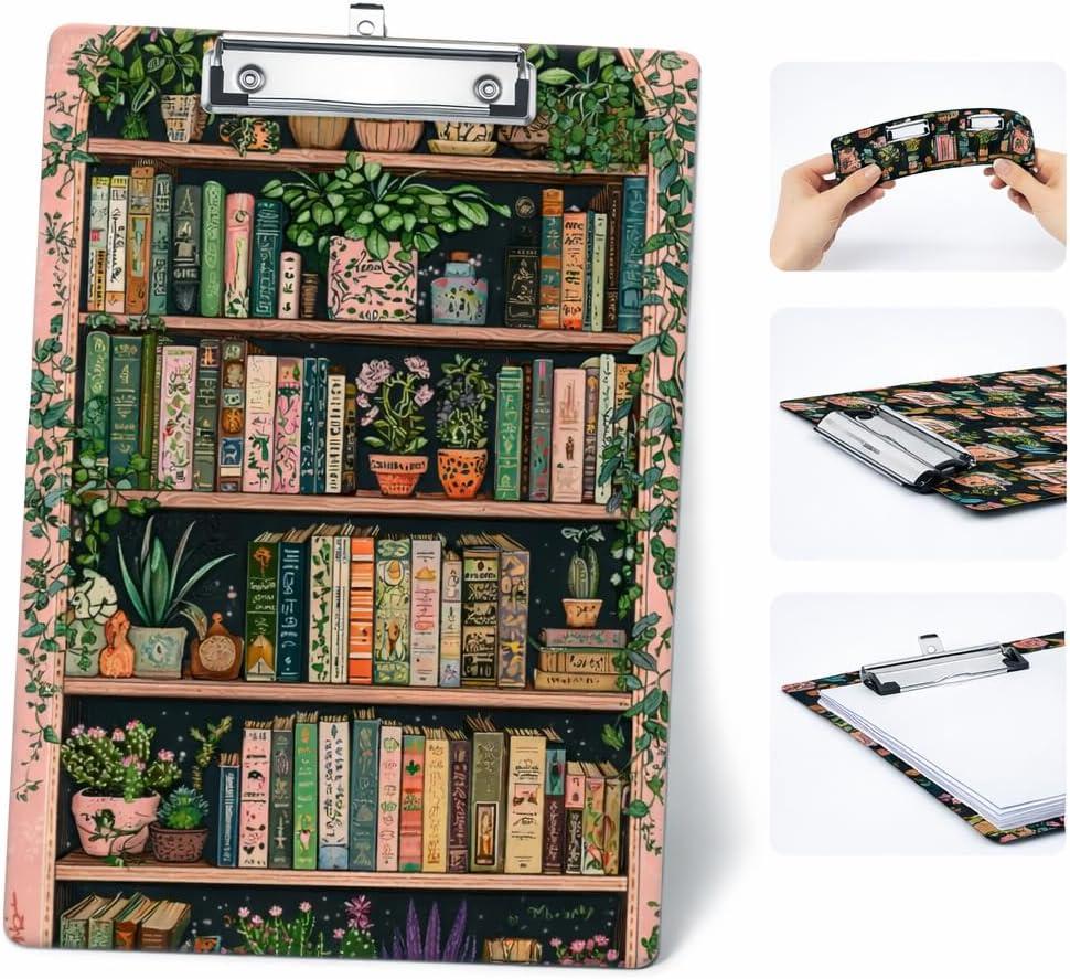 Botanical Bookshelf Clipboard, Decorative Plastic A4 Writing Clipboard (12.6 x 8.9 in) with Sturdy Metal Clip & Hanging Hole, Lightweight Writing Board for Kids, Students, Teachers, Nurses & Office