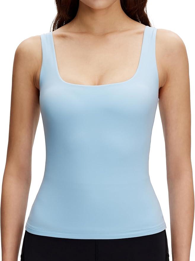 NANJI Tank Top for Woman - Square Neck Slim Fit Basic Stretch Sleeveless Tops Shirts for Casual Going Out Workout Yoga, Large