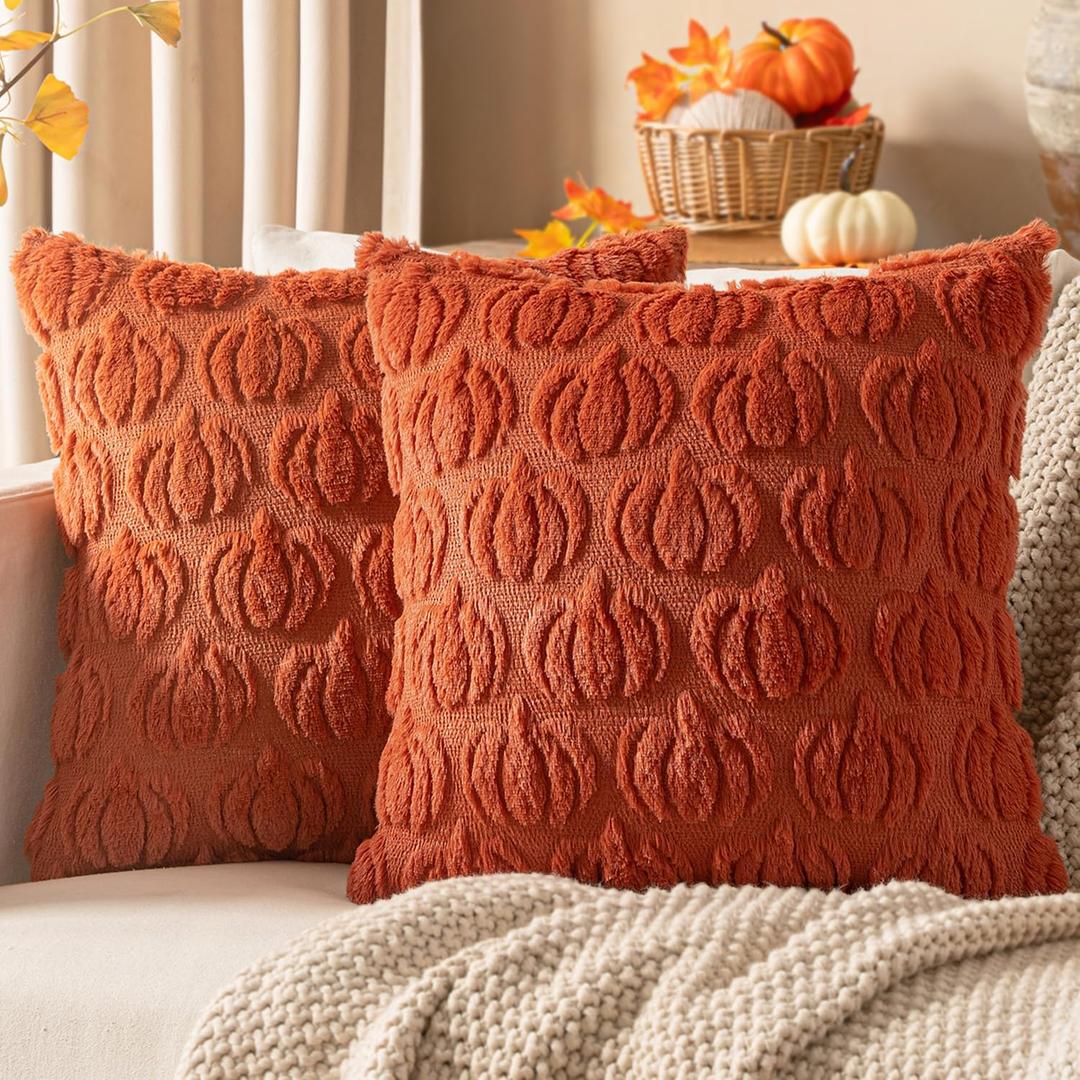 Woaboy Fall Decorative Pillow Covers 20x20 Inch, Rust, Set of 2 Pumpkin Halloween Thanksgiving Autumn Harvest Soft Faux Fur Pillows for Couch Porch Sofa Bedroom Living Room Home Decor