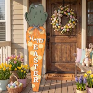 35 Inch Easter Carrot Porch Decor Sign Easter Outdoor Wooden Carrot Standing Porch Sign Vertical Farmhouse Decoration with Ribbon for Front Door Indoor Outdoor Yard Garden Decor