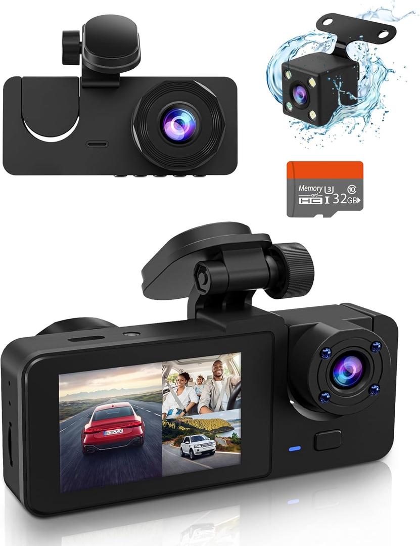 Dash Cam Front and Rear Inside, 4K Full HD Triple Dash Camera for Cars, Car Camera with 32GB Card,Built-in Loop Recording
