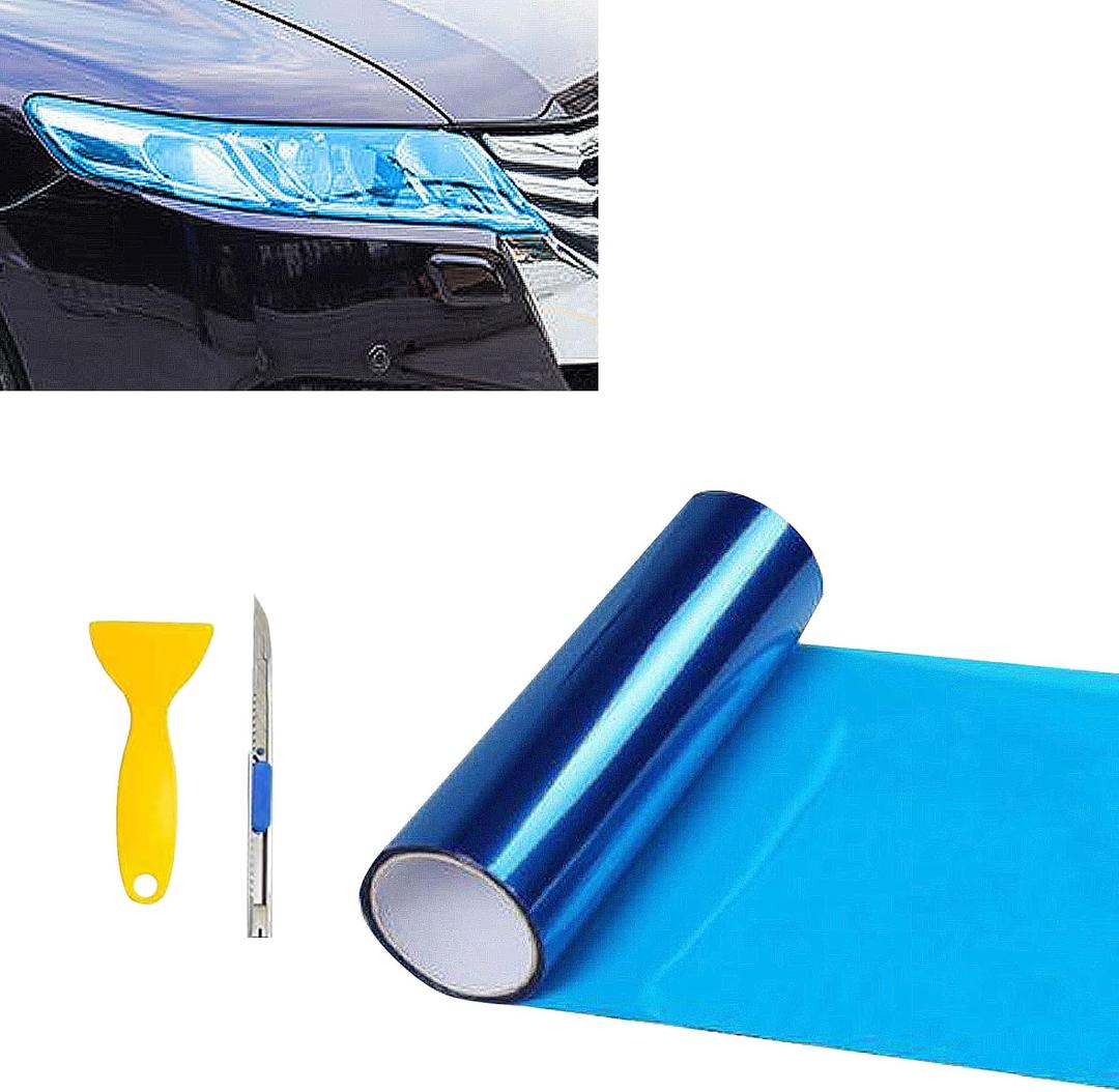 12” X 48” Dark Blue Tint Vinyl Wrap Film Roll for Car Headlight, Taillight, Fog Lights with Squeegee + Cutter（Dark Blue）