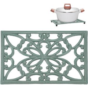 Sumnacon Cast Iron Trivet Heat Resistant Iron Trivets for Hot Dish Pot Pan Plate Teapot, Rustic Cast Iron Trivets for Cooktop Kitchen Dining Table, Rectangle Metal Trivet with Rubber Feets, Green (10 x 6.1 Inch)