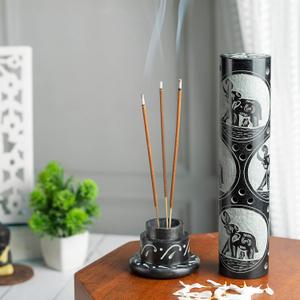 Crocon Handmade Black Marble Incense Stick Tower Burner Round Shape Jali Design Incense Tower Burner | Tea Light Candle Holder | Living Room Decor Home Fragrance Decorative Gift Size 3X3X10 Inch