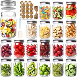 PINIWON 12 oz Mason Jars with Lids and Bands, 20 Pack Regular Mouth Canning Jars, Clear Glass Jars for Canning, Pickling, Food Storage, DIY Projects, 36 Labels, Brush & String Included