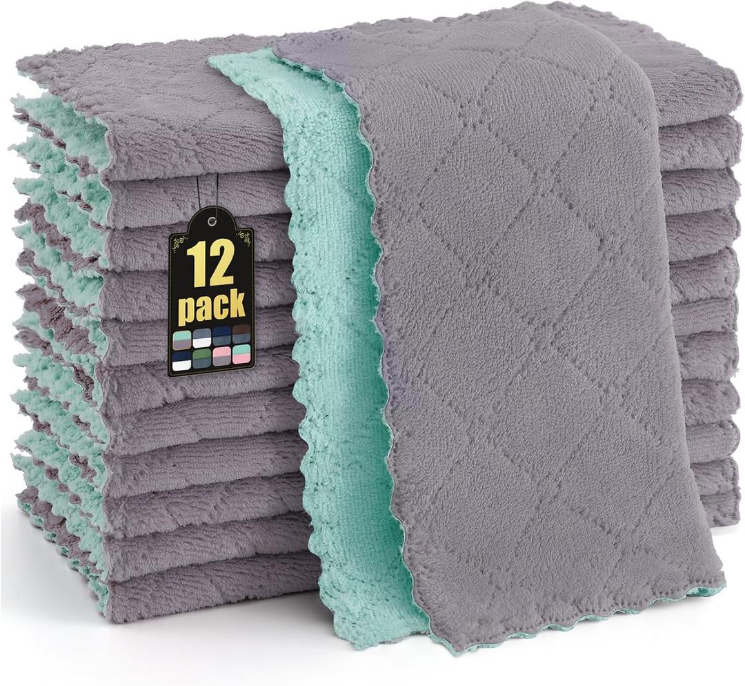 12 Pack Kitchen Cloths Dish Towels (10" x 10", Grey & Green), Super Soft and Absorbent Dish Cloths, Coral Velvet Microfiber Cleaning Cloth, Nonstick Oil Fast Dry Dishcloths