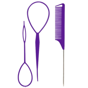 Hair Styling Tool Set - 6 Pack with French Braid Loops, Rat Tail Combs, and More for Versatile Hairstyles, Purple