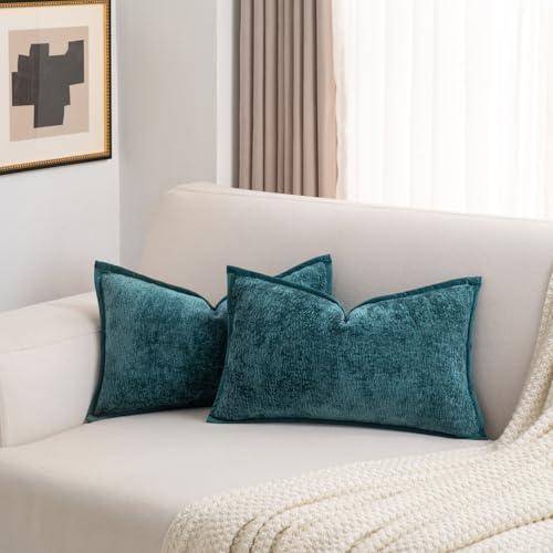 FUTEI Teal Chenille Throw Pillow Covers 12x20 Inch Set of 2,Soft Velvet Lumbar Pillow Cases,Home Decor for Couch Bed Living Room