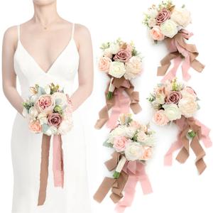 Ling's Moment Artificial Flowers Pink Bridesmaid Bouquet Set of 4, Dusty Rose Wedding Flowers Bouquets for Bridesmaids, 7 Inch Bridal Bouquets for Bridesmaids, Wedding, Ceremony, Anniversary, etc