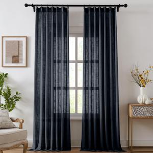 Pinch Pleated Linen Curtains for Living Room, Light Filtering Sheer Curtains 90 inches Long, Farmhouse Natural Pinch Pleat Drapes, Semi Sheer Window Navy Blue Curtain with Hooks 2 Panels