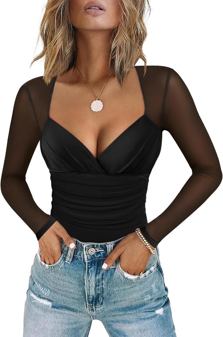 Chunpin Women's Square V Neck Mesh Bodysuit Long Sleeve Mesh Tops Outfits Sexy Bodysuits (Large, Black)
