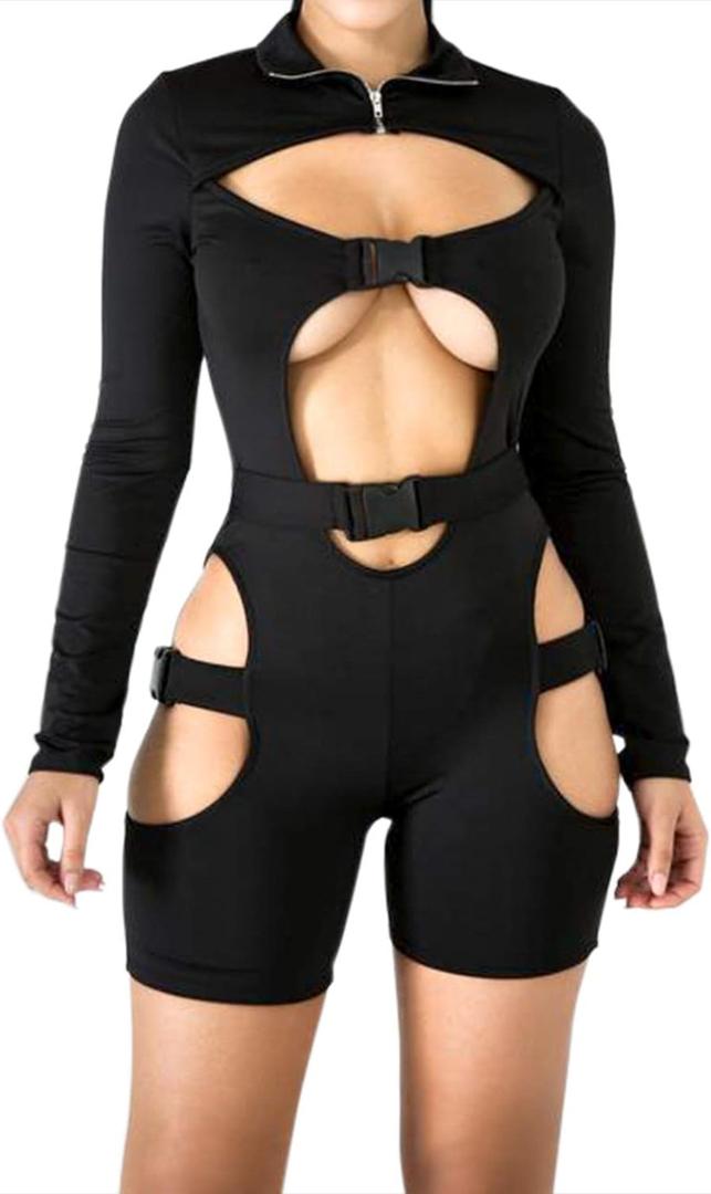 VWIWV Women Long Sleeves Jumpsuit Bodycon Buckle Romper Sexy Hollowing Out Bodysuit Short Jumpsuit Pants (Large, Black)