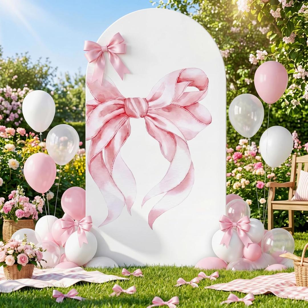 SmoothNovelty Pink Bow Arch Backdrop Cover 7.2ft Ribbon Bow Coquette Double Sided Spandex Arch Cover for Pastel Toile Birthday Party Baby Shower Wedding Bride to Be Photo Background Party Banner Decor