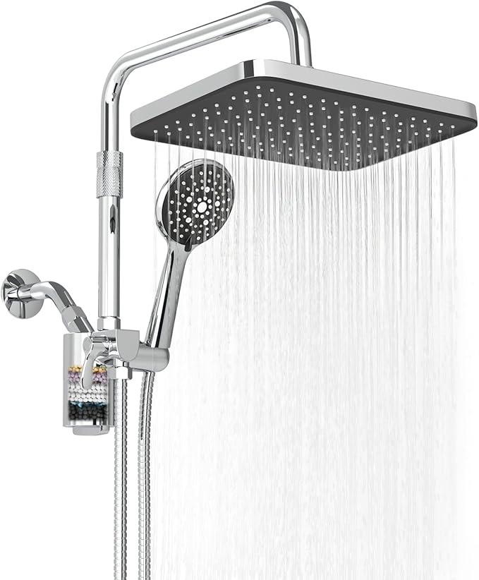 Filtered Shower Head with Handheld,12 Inch High Pressure Rain Shower Head with Adjustable Extension Arm,Dual shower filter head for hard water,ToolFree DIY Kit,Chrome (Chrome)
