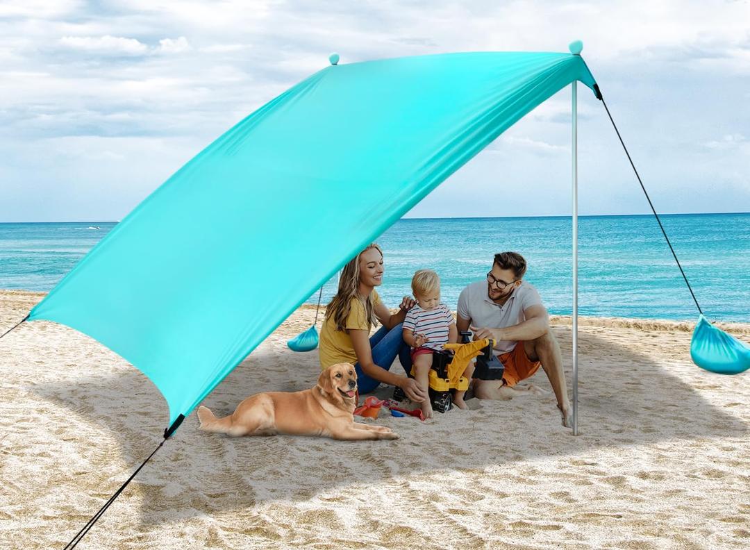 Beach Tent Sun Shelter Sunshade 10x10ft, UPF50+ Beach Canopy Sun Shade for 8 People, with 4 Sandbags & 2 Stability Poles, Portable Pop Up Tent for Camping, Fishing, Picnics (Turquoise)