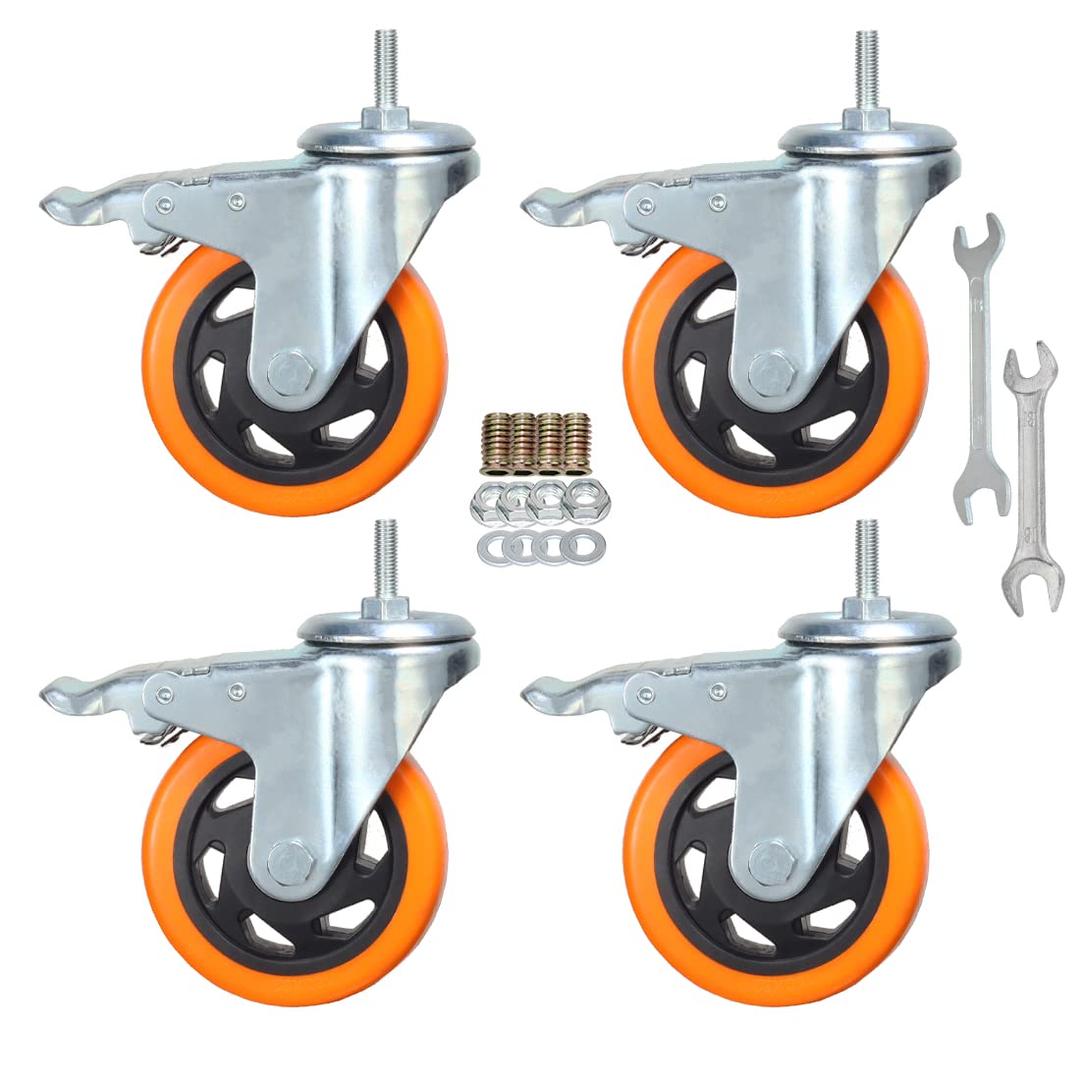 Stem Caster Wheels Heavy Duty Casters PVC M8-1.25x1 (Stem Diameter 8mm, Stem Length:1) Casters with Brake Dual Locking for Home, Office, Industry use (4 Inch, with Brake)