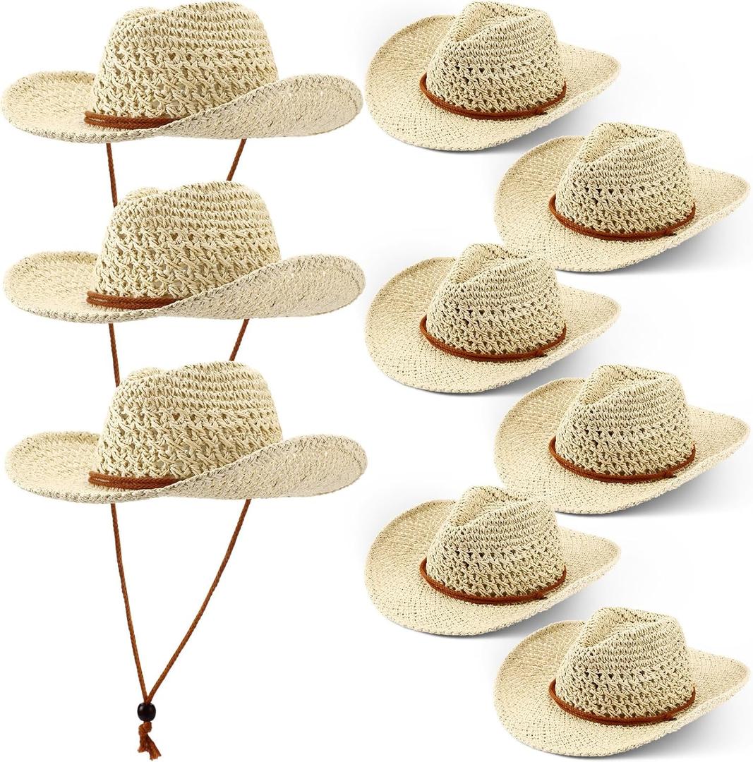 Newcotte 9 Pack Straw Cowboy Hats for Women Western Cowgirl Beach Sun Hat Bulk with Windproof Rope for Party Travel (One Size, Beige)