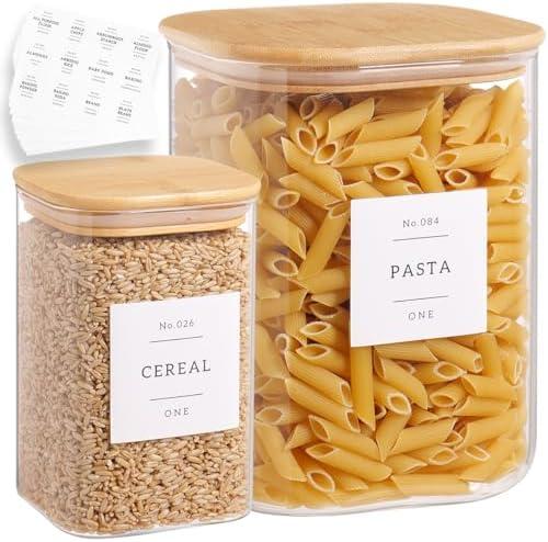 Glass Food Storage Containers with 132 Kitchen Pantry Labels, 110/37 oz Glass Flour and Sugar Containers with Airtight Lids, Large Square Glass Jars with Bamboo Lids for Rice, Pasta, Grains, Cookies