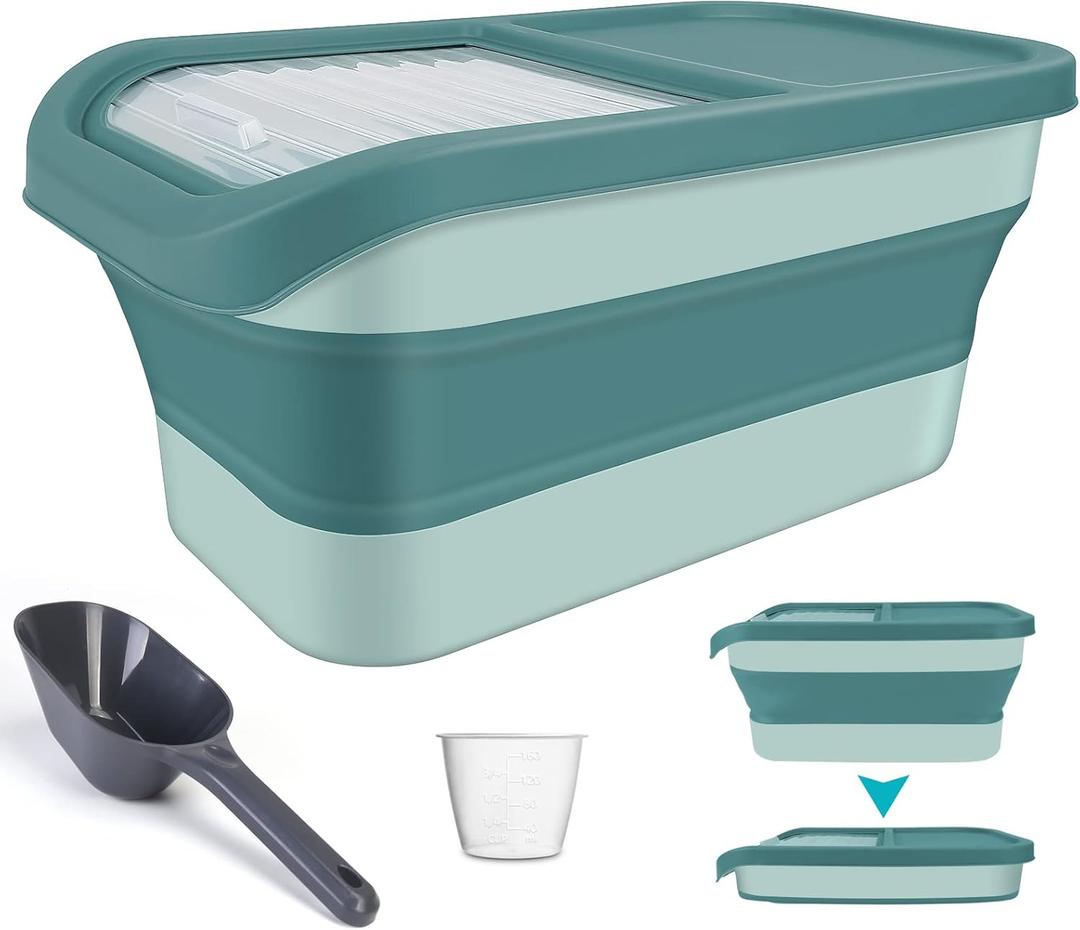 Pet Food Storage Containers, Collapsible Dog Food Container with Sliding Lid,13lb Cat Food Storage with Measuring Cup & Scoop, Plastic Dog Food Bingreen