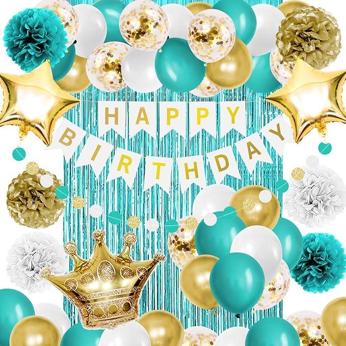 Teal Blue And Gold Birthday Party Decorations Happy Birthday Banner Turquoise Aqua Teal Balloons Foil Fringe Curtain Tissue Pom Poms For Women Girls Men Boys