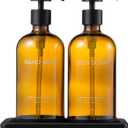 Glass Kitchen Soap Dispenser Set with Ceramic Tray,16.9 floz Hand and Dish Soap Dispenser for Kitchen and Bathroom Decor (Amber Bottles + Black Pumps)