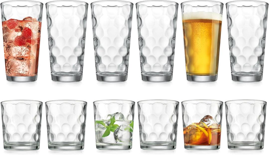 Glaver's Drinking Glasses Set of 12. Glassware Drink Set. 6 Highball (17 oz.) Kitchen Glasses, 6 (13 oz.) Whiskey Glasses. Rocks Glass Cups for Water, Juice and Cocktails.