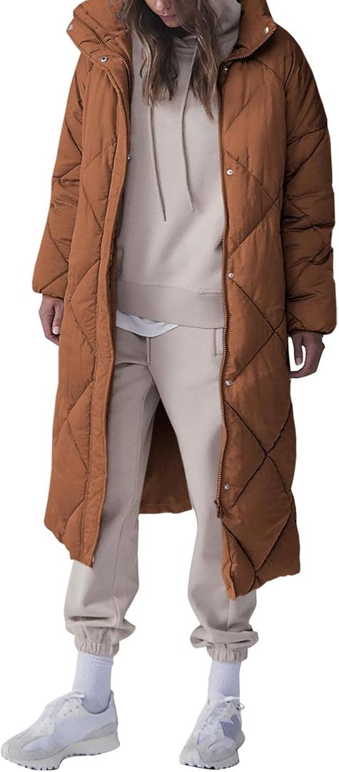 Tankaneo Women's Quilted Puffer Jacket Long Winter Coats Zip Up Baggy Down Outerwear with Pockets (Medium, Brown)