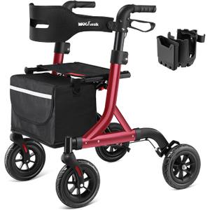 MAXWALK Walkers for Seniors, Rollator Walker with Seat, 8" Rubber Wheels All Terrain Rollator Walker with Backrest, Aluminum Walkers Built-in Cable, Foldable and Adjustable Height for Seniors, Red