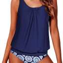 Yonique Two Piece Blouson Tankini Swimsuits for Women Modest Bathing Suits Loose Fit Swimwear (XX-Large, Blue)